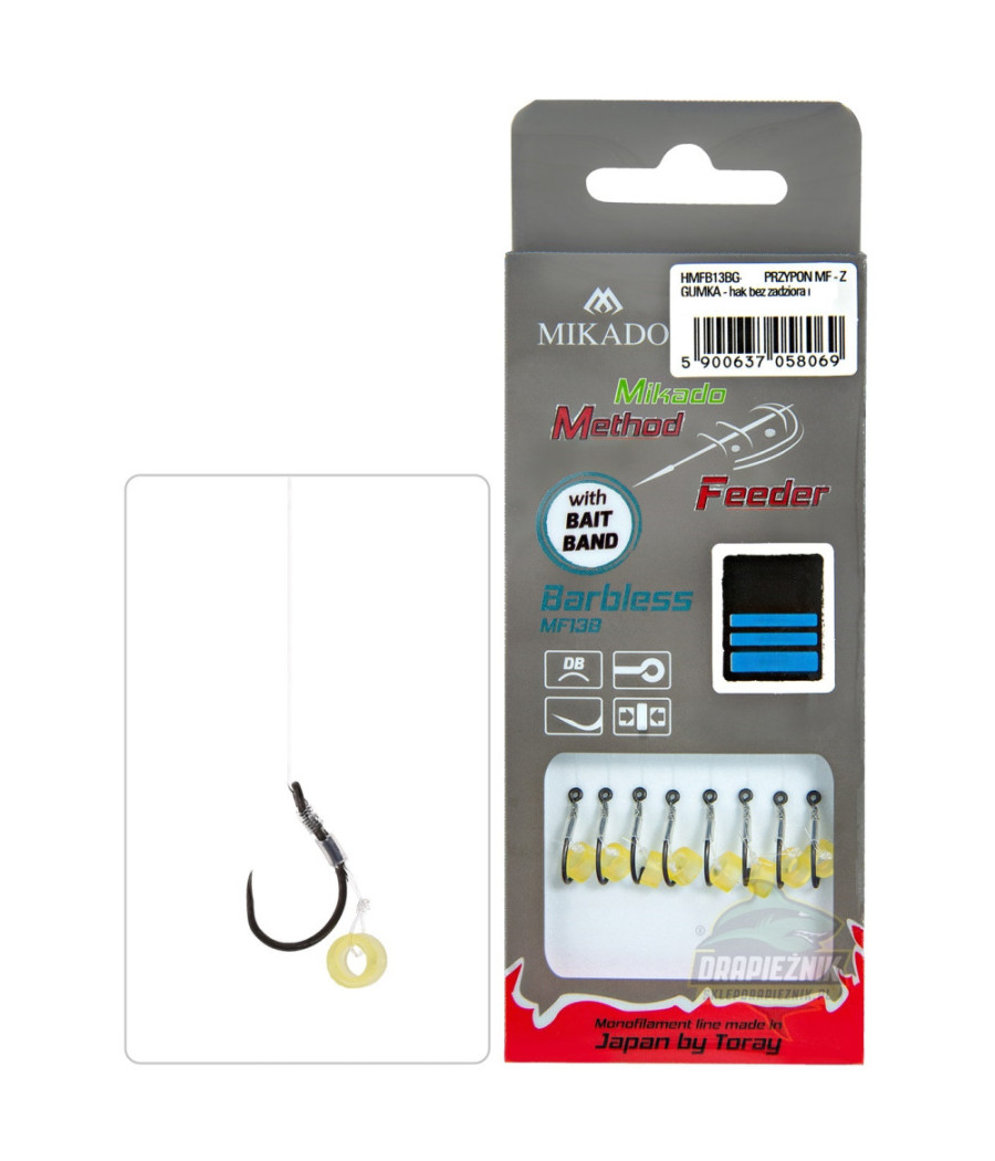 Przypony Mikado Bezzadziorowe Gumka MF138 10cm roz 4 żyłka 0,28mm Przypony Mikado Bezzadziorowe Gumka MF138 10cm roz 4 żyłka 0,28mm