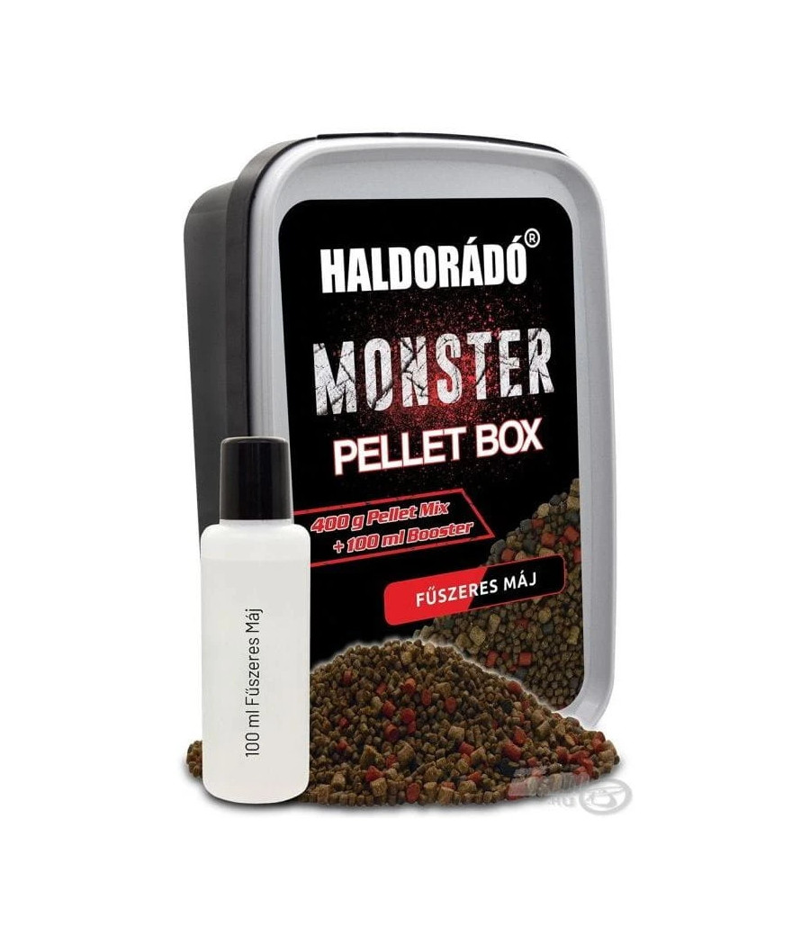Pellet Haldorado Monster Pellet Box + Booster 100ml - Brutalna Wątroba 400g